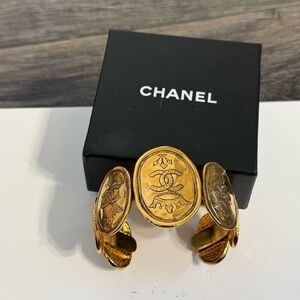 Chanel Gold Vintage CC Crown Medallion Open Cuff Bracelet